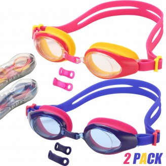 USHAKE Kid Swim Goggles, UShake Anti-fog Lens Soft Silicone Frame Child Swimming Goggles for Kids and Early Teens with 3 Nose Pieces (purple&pink 2 pack)